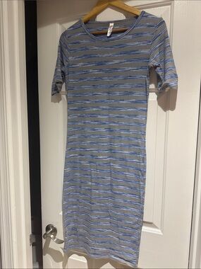 LuLaRoe Blue and Gray Striped Midi Dress
